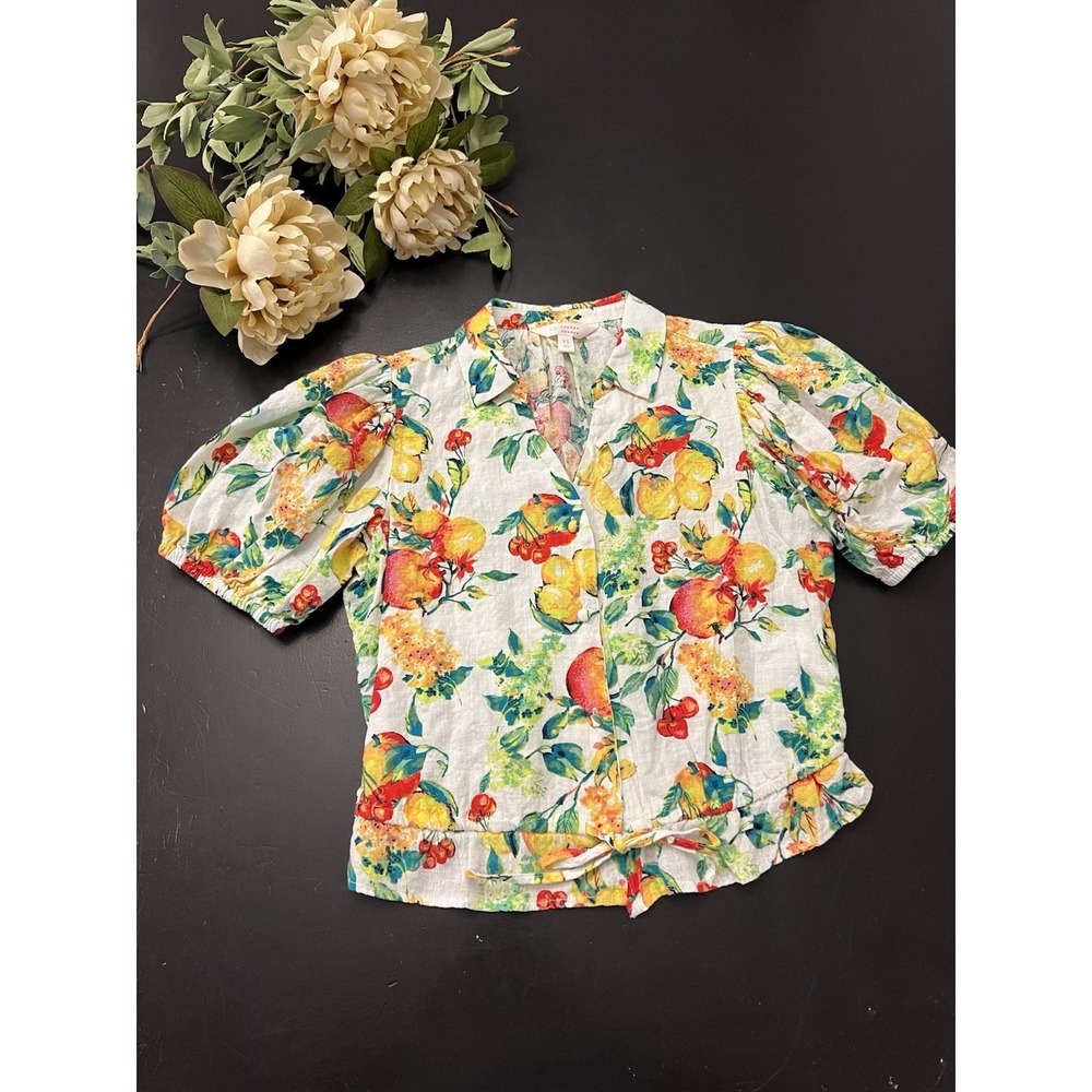 LC Lauren Conrad White Colorful Fruit Euro Summer Puff Sleeve Blouse XS Preppy